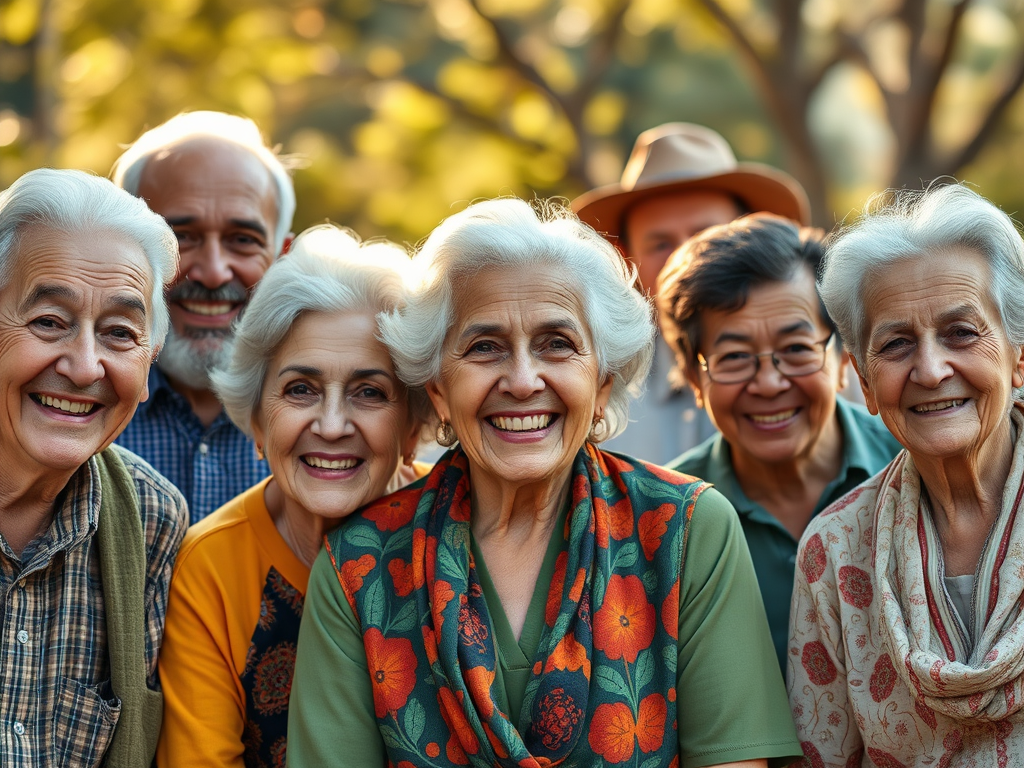 A group of smiling elderly individuals with gray hair, standing closely together outdoors in a warm, sunny setting. They all display joyful expressions, showcasing a sense of community and companionship.